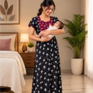 Black & Maroon Floral Printed XL Feeding Nighty