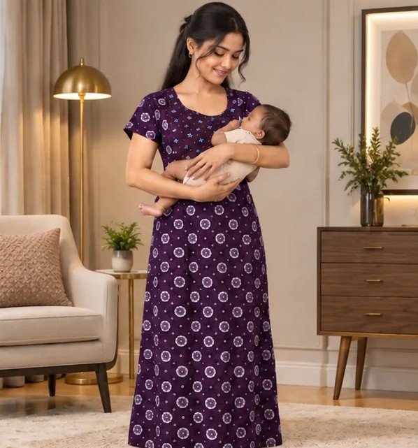 Purple Floral Printed XL Feeding Nighty