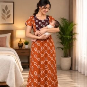 Rust Orange & Maroon Printed XL Feeding Nighty