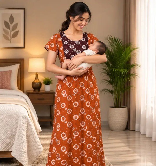Rust Orange & Maroon Printed XL Feeding Nighty