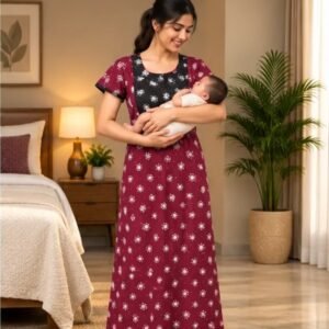Wine & Black Floral Printed XL Feeding Nighty