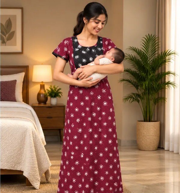 Wine & Black Floral Printed XL Feeding Nighty