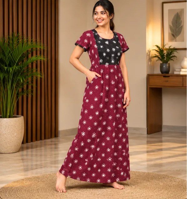 Wine & Black Floral Printed XL Feeding Nighty - Image 2