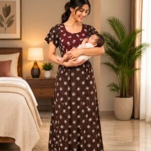 Chocolate Brown & Wine Floral Printed XL Feeding Nighty