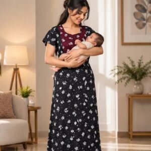 Black & Maroon Floral Printed XL Feeding Nighty