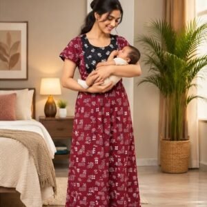 Maroon & Black Printed XL Feeding Nighty