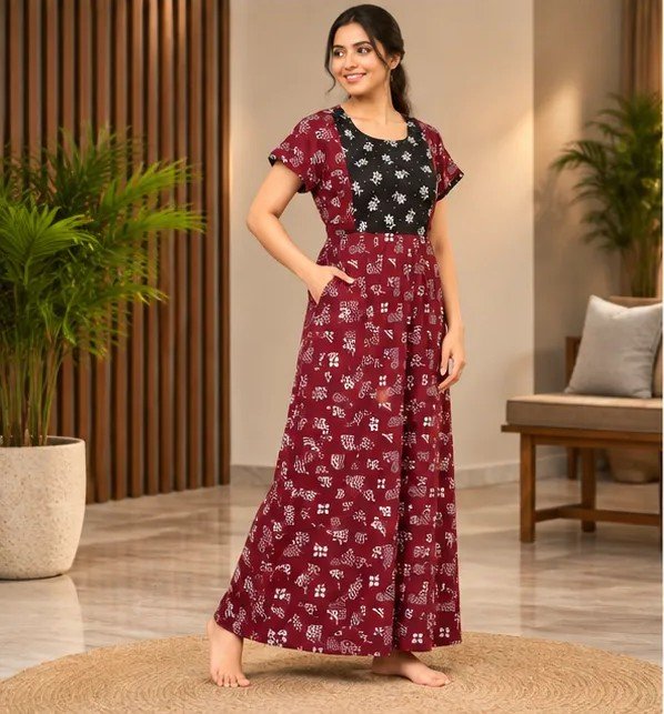 Maroon & Black Printed XL Feeding Nighty - Image 2
