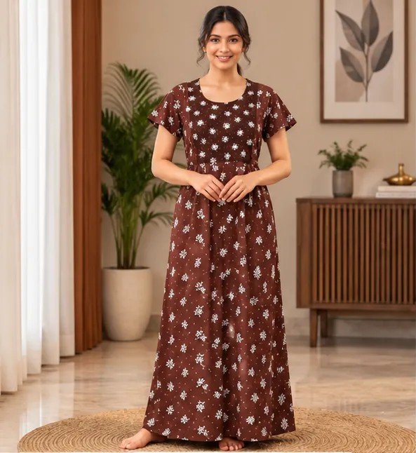 Chocolate Brown Floral Printed XL Feeding Nighty - Image 2