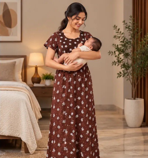 Chocolate Brown Floral Printed XL Feeding Nighty