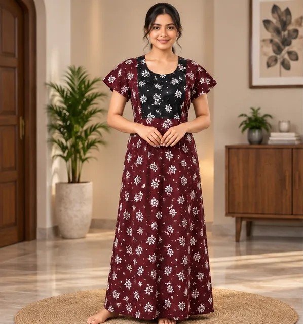 Maroon & Black Floral Printed XL Feeding Nighty - Image 4