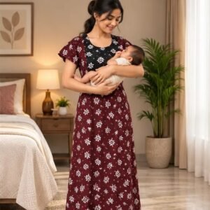 Maroon & Black Floral Printed XL Feeding Nighty