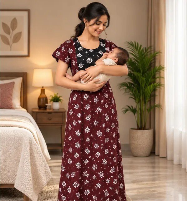 Maroon & Black Floral Printed XL Feeding Nighty