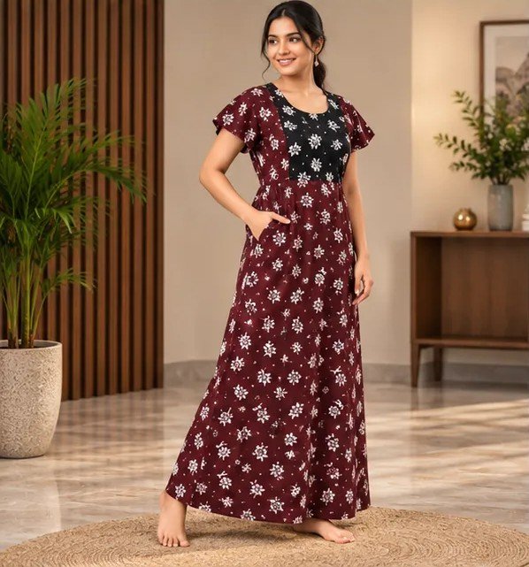 Maroon & Black Floral Printed XL Feeding Nighty - Image 2