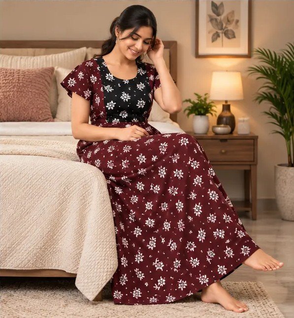 Maroon & Black Floral Printed XL Feeding Nighty - Image 3