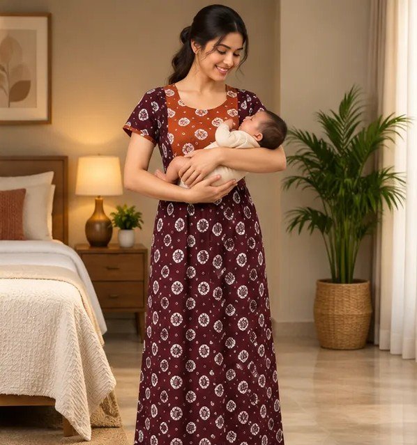 Maroon & Rust Orange Printed XL Feeding Nighty