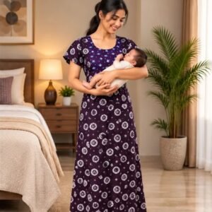 Purple Printed XL Feeding Nighty with Floral & Circle Pattern