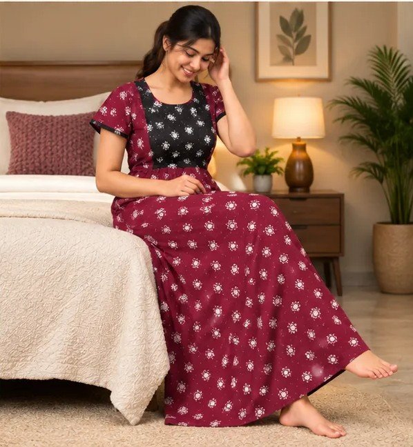 Wine & Black Floral Printed XL Feeding Nighty - Image 3