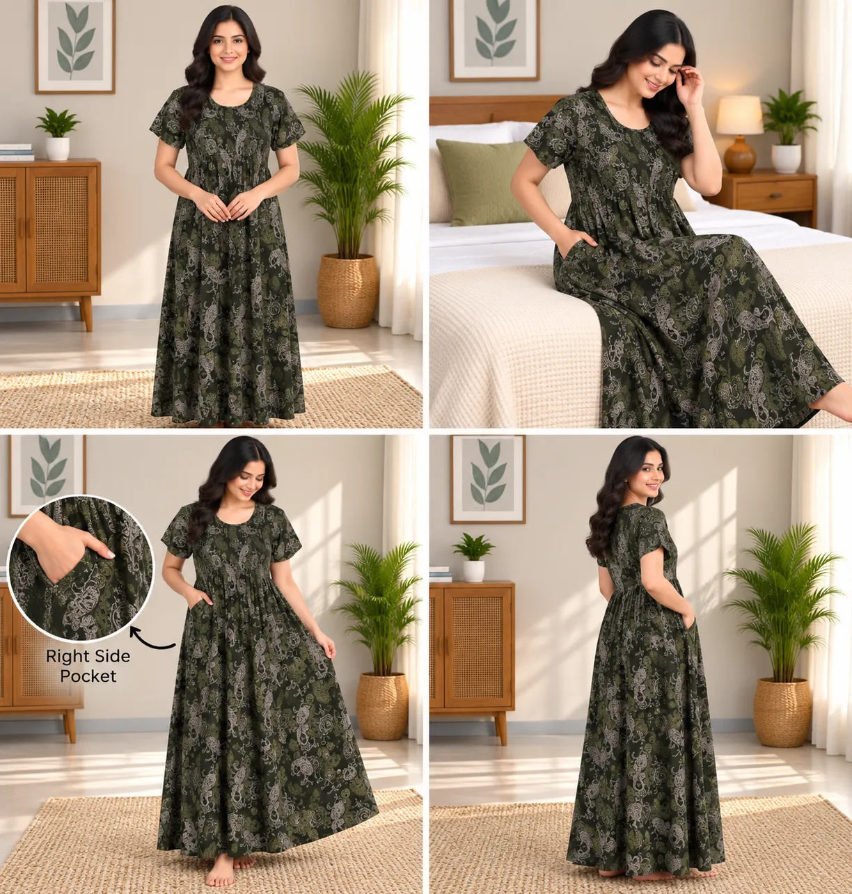 Olive Paisley Smocked Nighty - Image 3