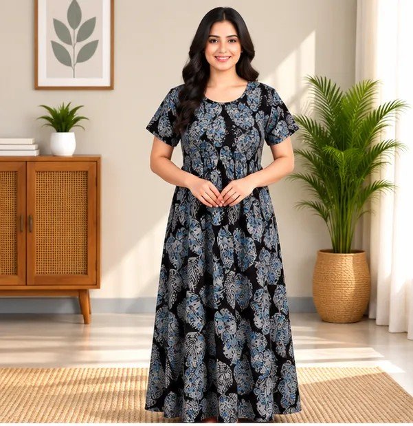Black Blue Leaf Print Smocked Nighty - Image 4