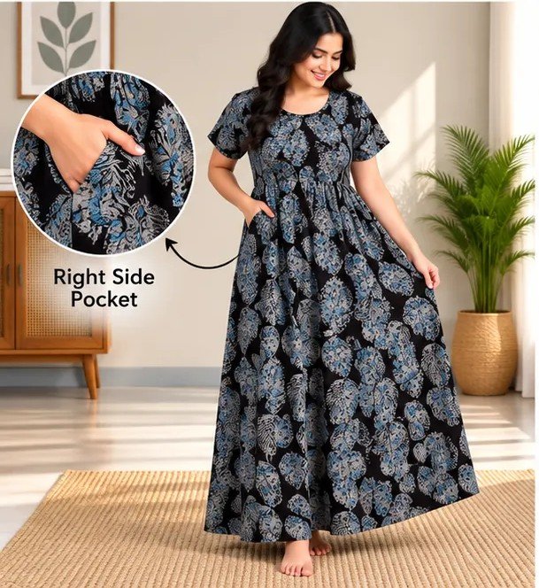 Black Blue Leaf Print Smocked Nighty - Image 2
