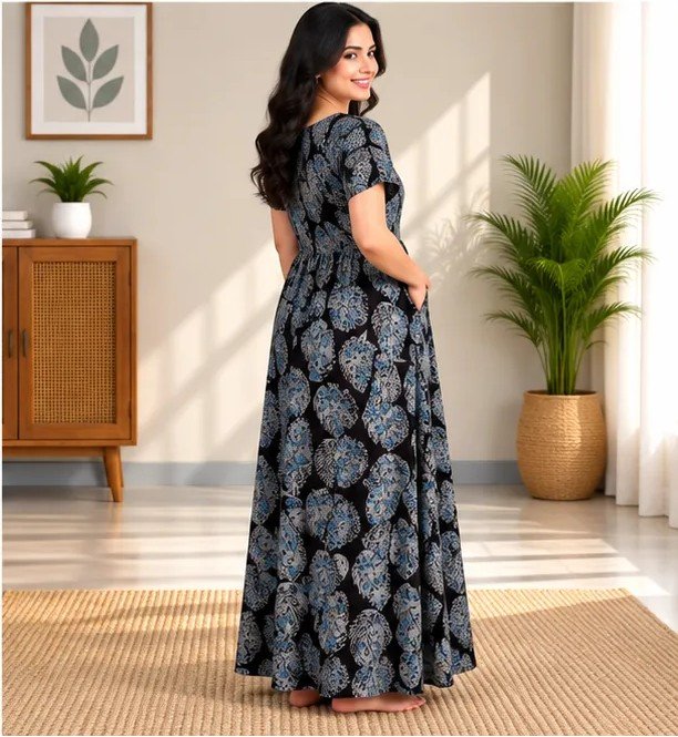 Black Blue Leaf Print Smocked Nighty - Image 3