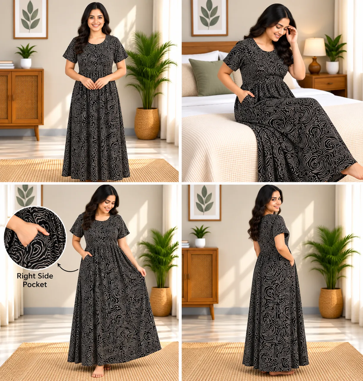 Black Wave Print Smocked Nighty - Image 5