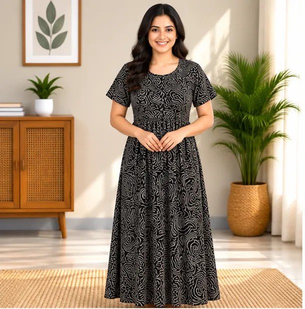 Black Wave Print Smocked Nighty