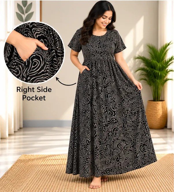 Black Wave Print Smocked Nighty - Image 2