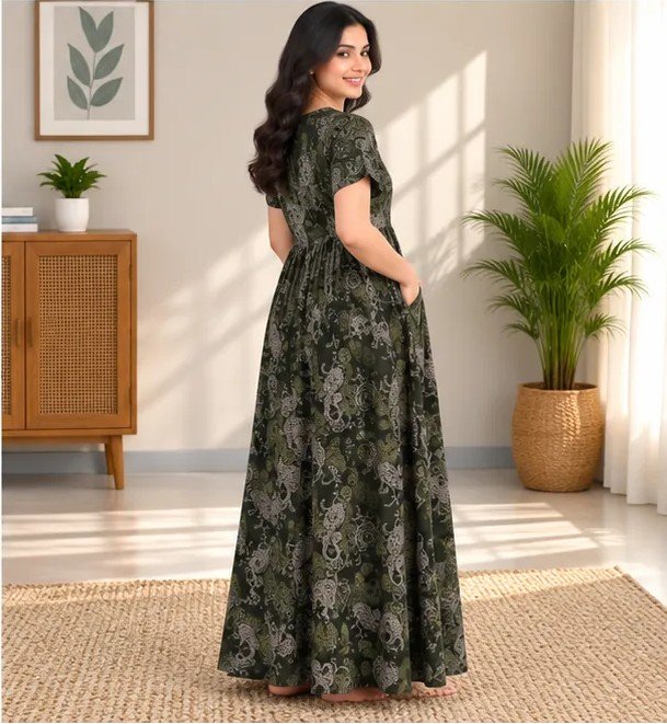 Olive Paisley Smocked Nighty - Image 4