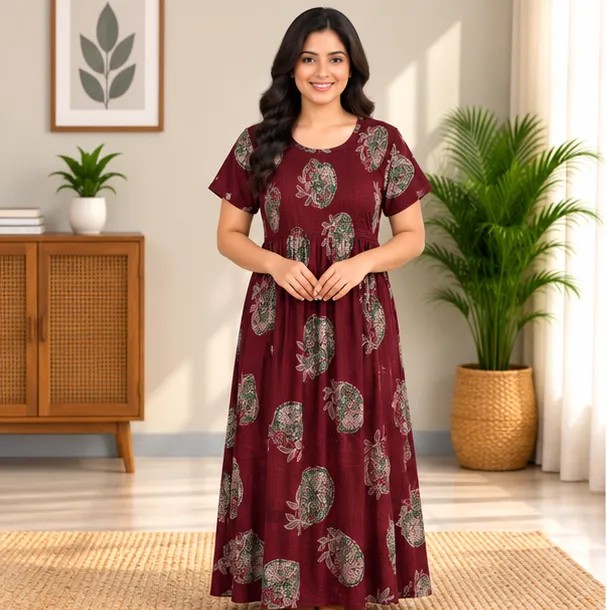 Burgundy Paisley Motif Smocked Nighty