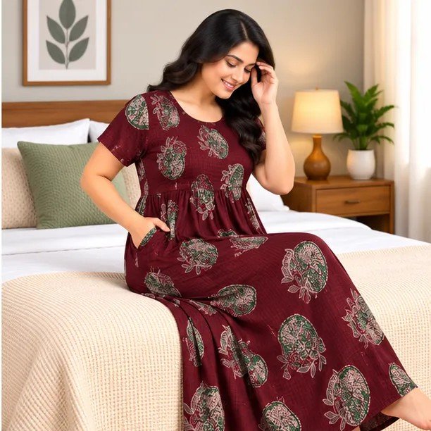 Burgundy Paisley Motif Smocked Nighty - Image 4