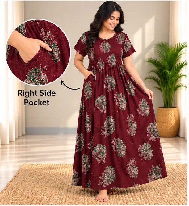 Burgundy Paisley Motif Smocked Nighty - Image 2