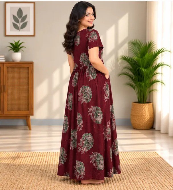 Burgundy Paisley Motif Smocked Nighty - Image 3