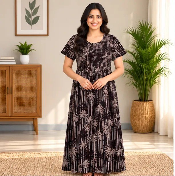 Black Palm Print Smocked Nighty