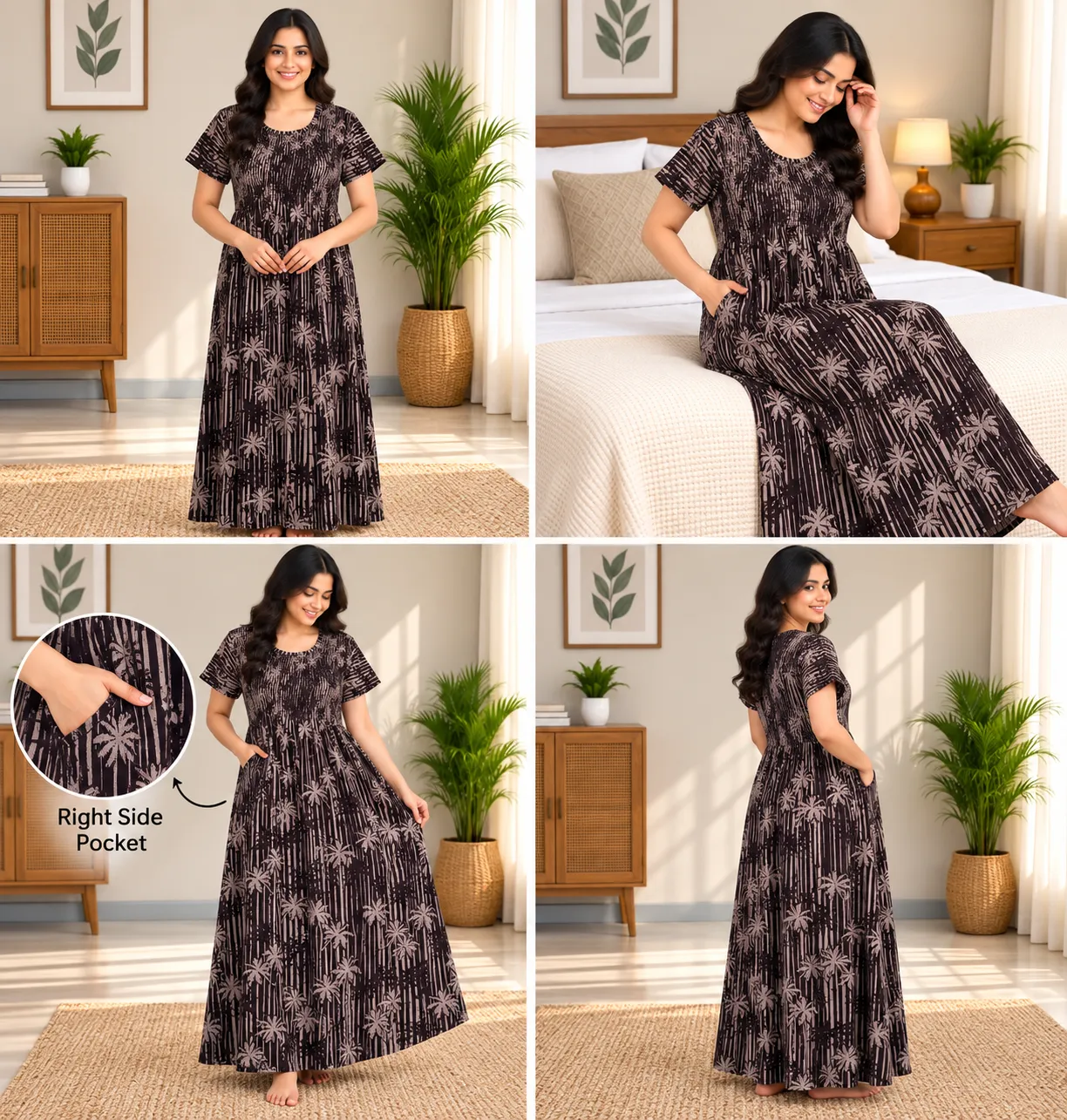 Black Palm Print Smocked Nighty - Image 3