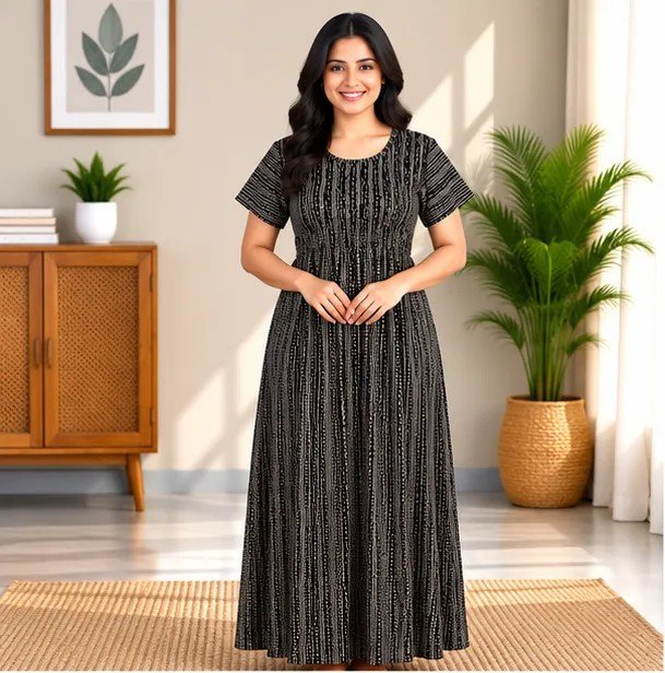 Black Linear Stripe Smocked Nighty