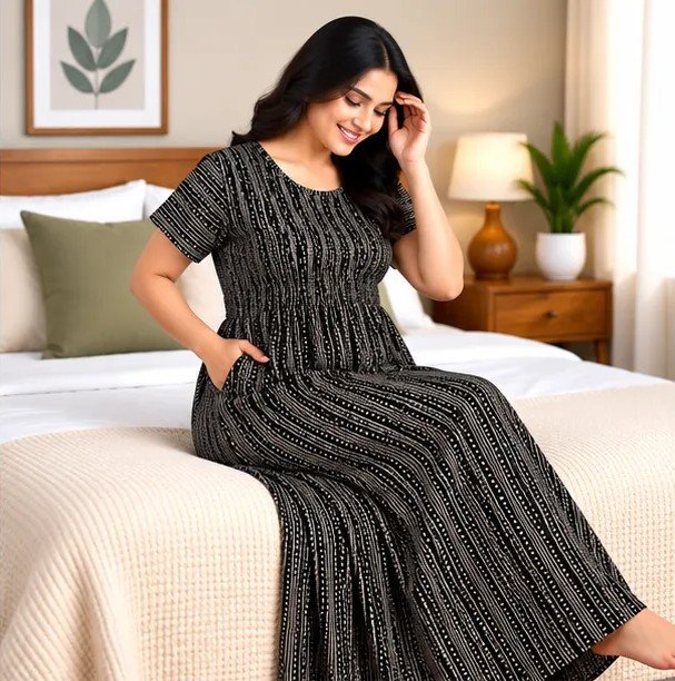 Black Linear Stripe Smocked Nighty - Image 4