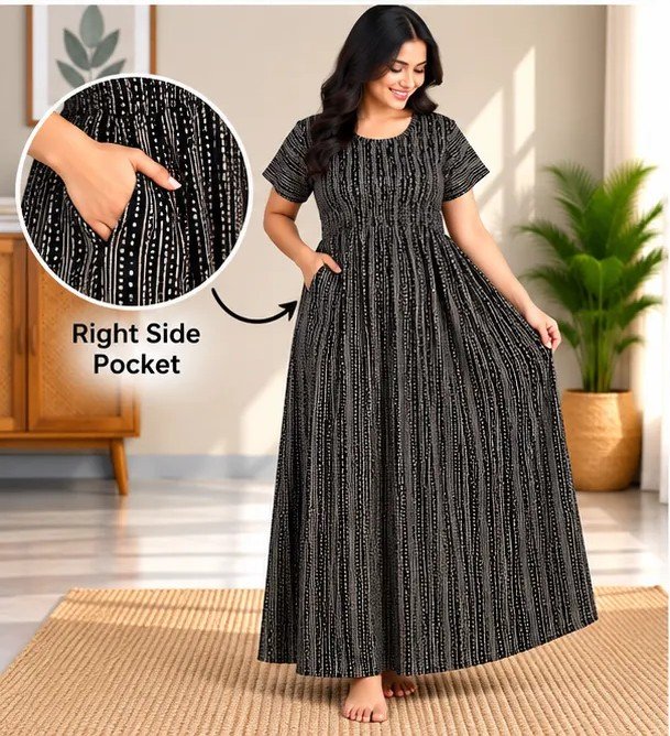 Black Linear Stripe Smocked Nighty - Image 3