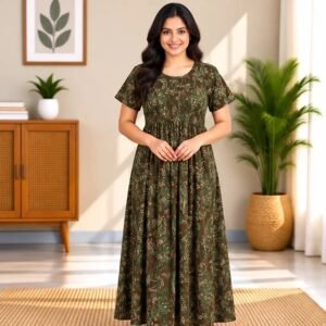 Olive Vine Print Smocked Nighty