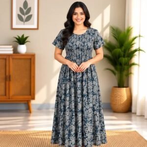 Steel Blue Floral Smocked Nighty
