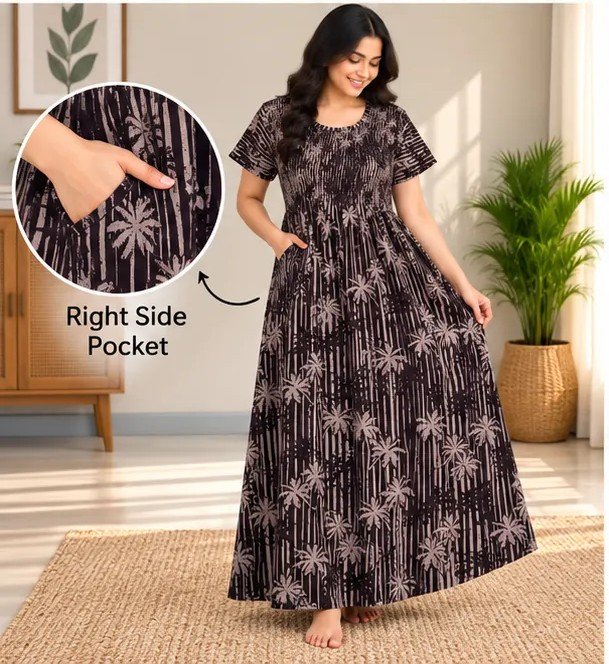 Black Palm Print Smocked Nighty - Image 5