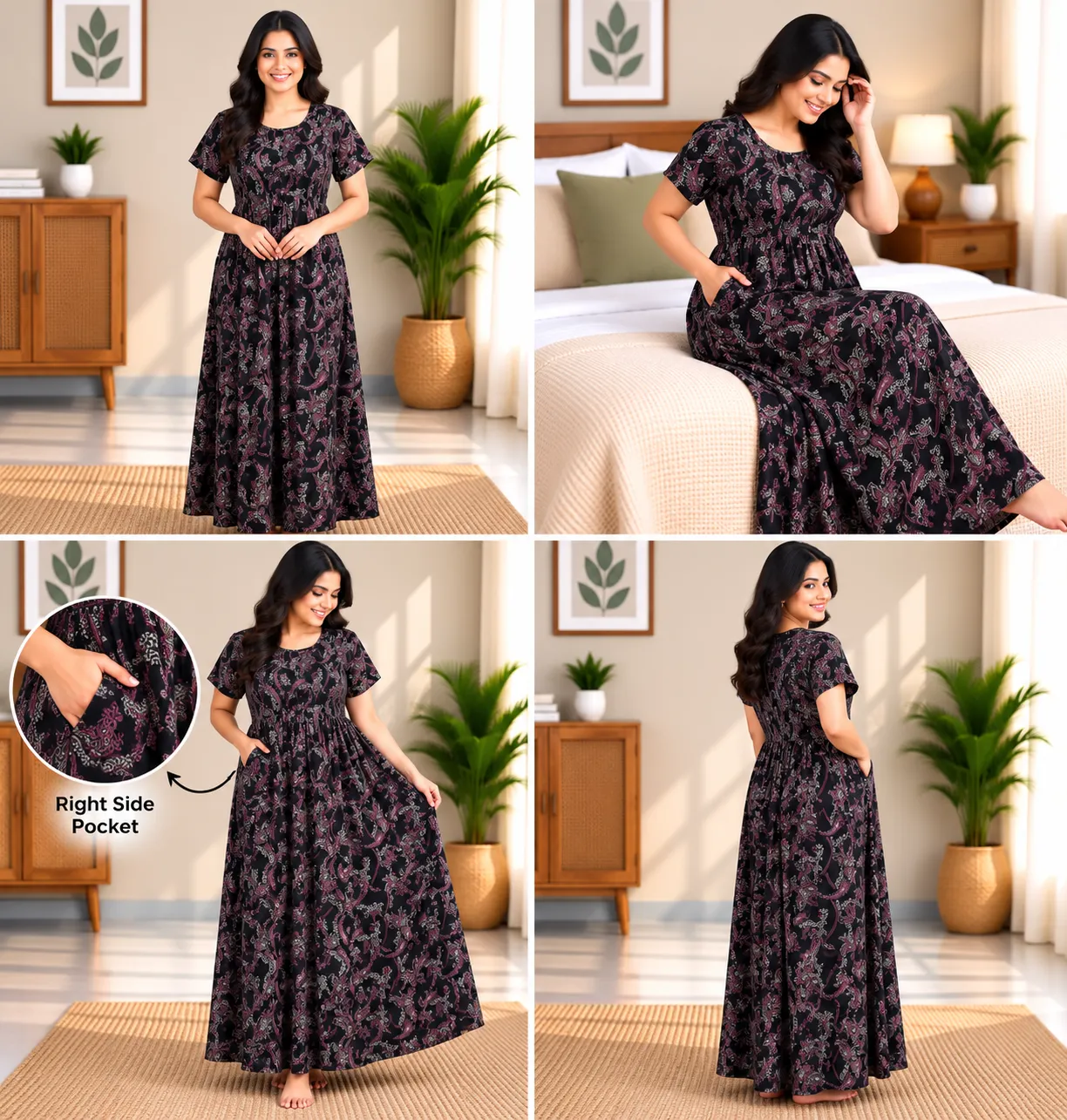 Black Berry Paisley Smocked Nighty - Image 5