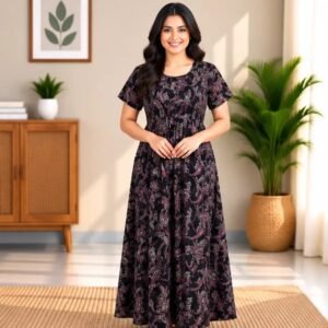 Black Berry Paisley Smocked Nighty