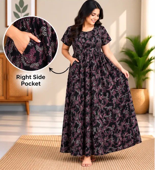 Black Berry Paisley Smocked Nighty - Image 4