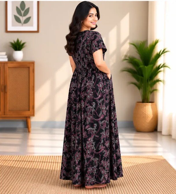 Black Berry Paisley Smocked Nighty - Image 2