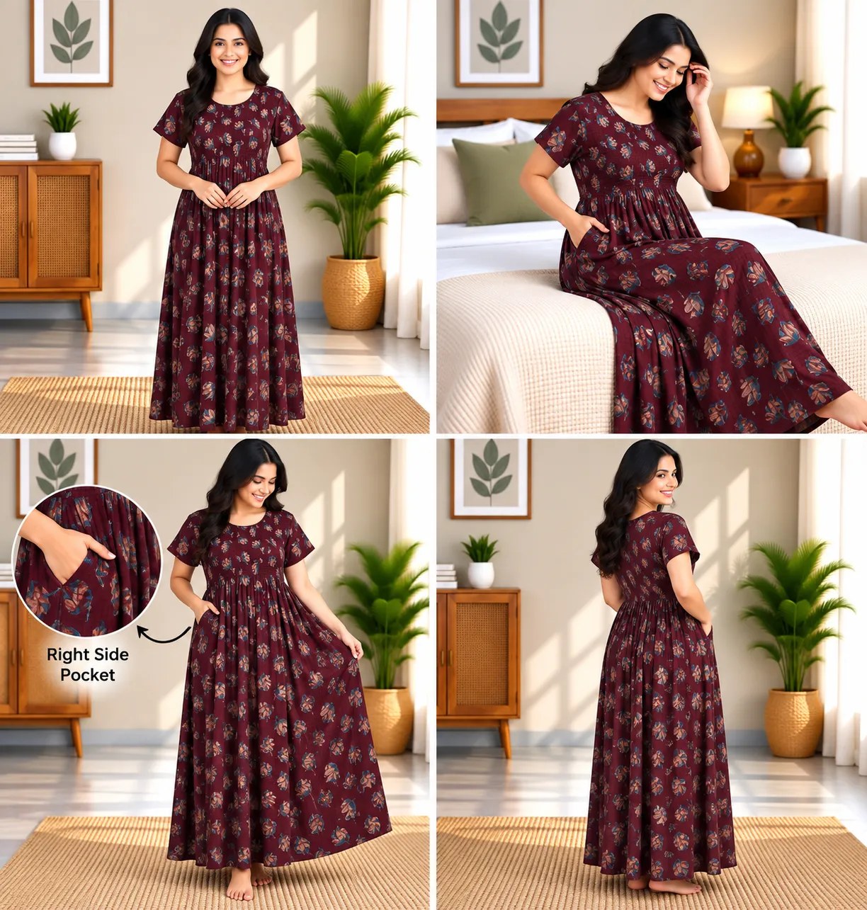 Burgundy Tiny Floral Smocked Nighty - Image 5