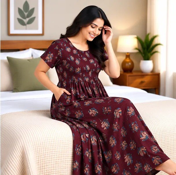 Burgundy Tiny Floral Smocked Nighty - Image 4