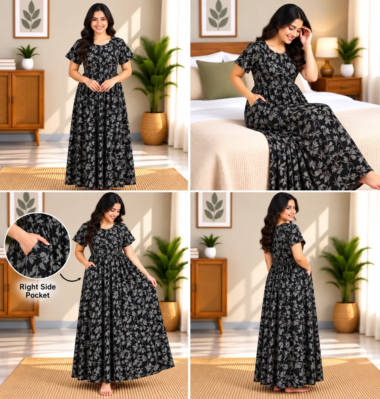 Black Silver Leaf Smocked Nighty - Image 5