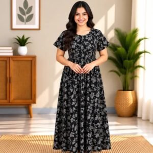 Black Silver Leaf Smocked Nighty