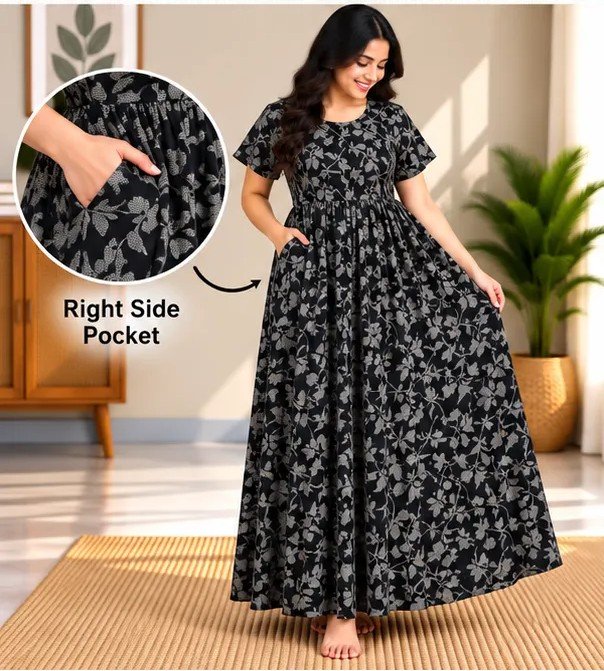 Black Silver Leaf Smocked Nighty - Image 3